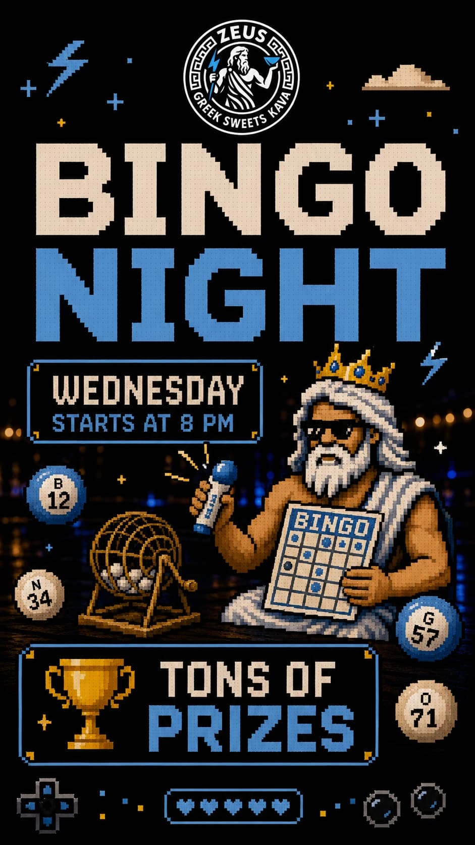 Bingo Night at Zeus Greek every Wednesday starting at 8 PM