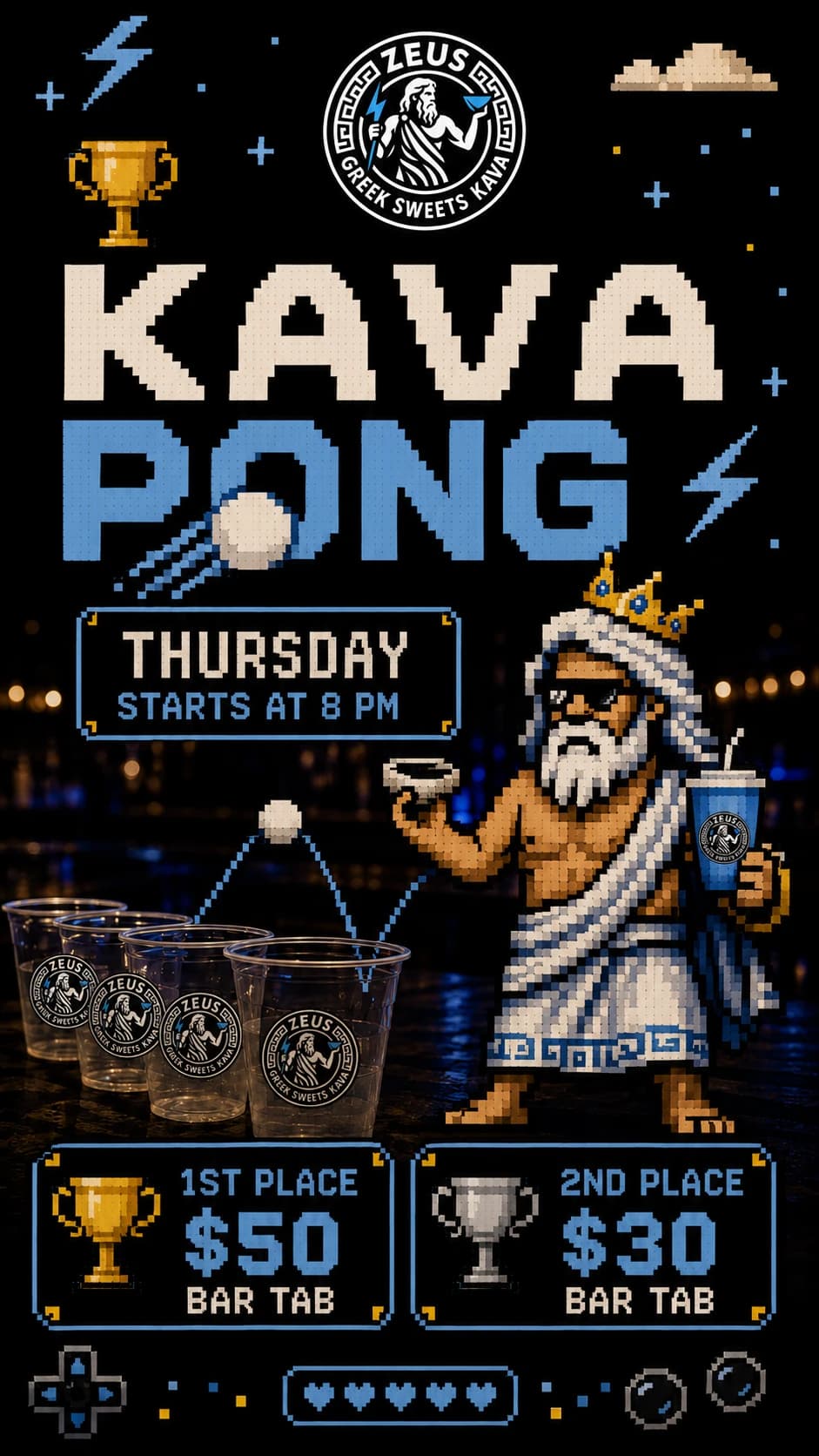 Kava Pong at Zeus Greek every Thursday starting at 8 PM